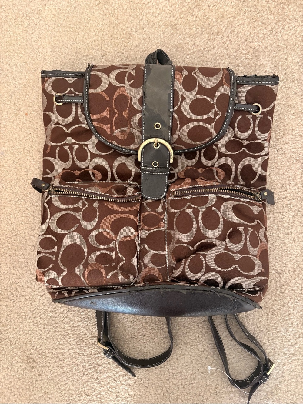Coach Brown Signature Logo Backpack with Gold-Tone Buckle